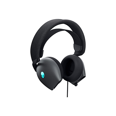 Schwarzes Alienware-Headset, das vor weißem Hintergrund abgebildet ist. Das Headset hat ein blaues Alien-Logo.