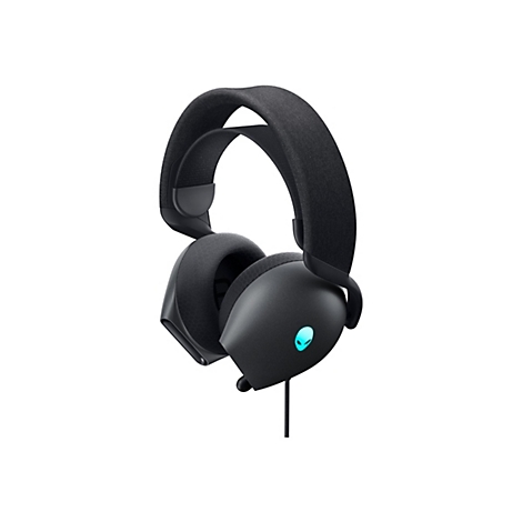 Schwarzes Gaming-Headset mit blau leuchtendem Alien-Logo. Es hat gepolsterte Ohrmuscheln und einen verstellbaren Kopfbügel.