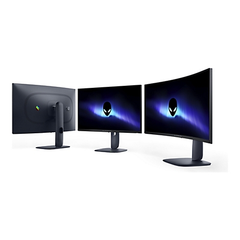 Drei Alienware Monitore, einer von hinten, zwei von vorne. Die Bildschirme zeigen das Alienware-Logo vor blauem Hintergrund.