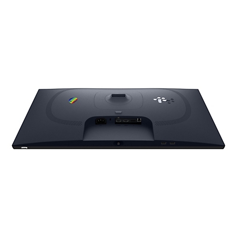 Rückseite eines dunkelblauen Alienware-Monitors mit Anschlüssen, darunter HDMI und Stromanschluss, und Alienware-Logo.
