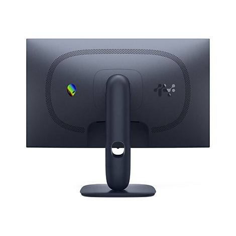 Rückseite eines dunkelblauen Monitors. Der Ständer ragt mittig nach unten heraus. Oben links das Alienware-Logo.