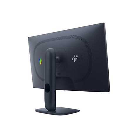 Dunkelblauer Monitor von hinten. Sichtbar sind Logos, Aussparungen und Anschlüsse. Der Standfuß ist oval und rund.