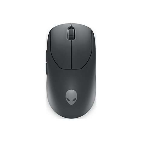 Draufsicht auf eine schwarze Alienware-Maus. Das Alienware-Logo zeigt einen Alien-Kopf, der sich auf der Unterseite der Maus befindet.