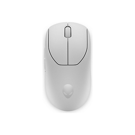 Draufsicht auf eine weiße Alienware-Maus mit mittiger Scrollrolle und Logo.