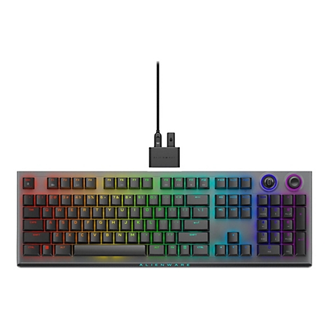 Alienware Gaming-Tastatur mit RGB-Beleuchtung und separatem USB-Dongle auf weißem Hintergrund.