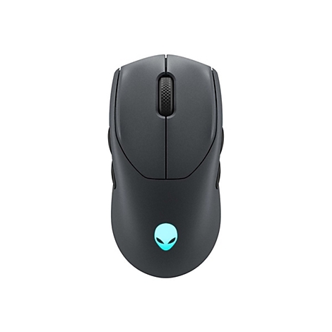 Dunkelgraue Maus, von oben gesehen. Mittig Scrollrad, darunter Alien-Logo mit leuchtendem Blau.