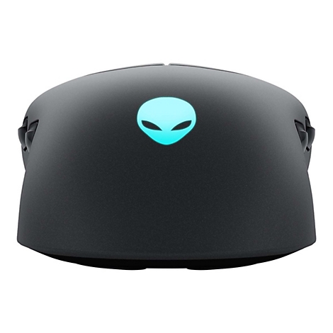 Schwarze Gaming-Maus mit Alien-Logo. Das Logo leuchtet blau. Seitlich sind Zusatztasten erkennbar.
