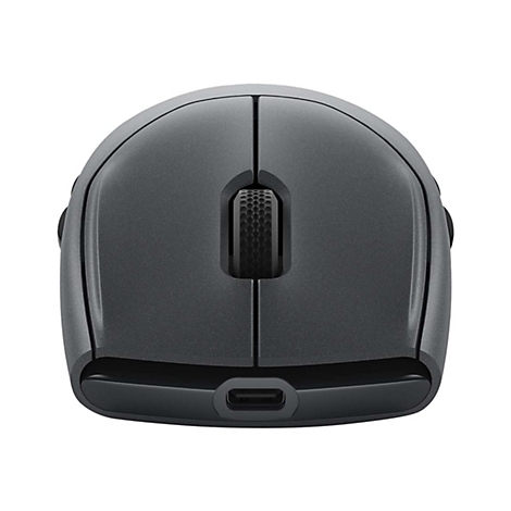 Draufsicht auf eine graue Computermaus mit Scrollrad und USB-C-Anschluss.