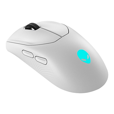 Hellgraue Gaming-Maus mit schwarzem Mausrad und Alien-Logo.