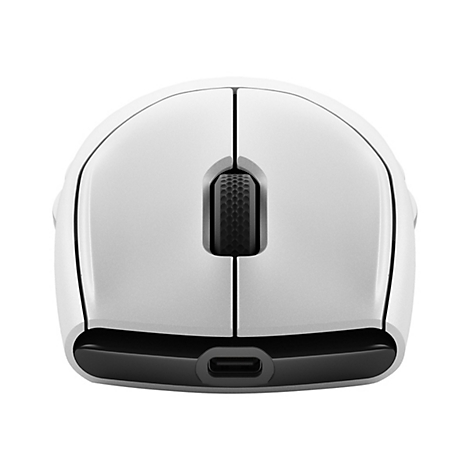 Draufsicht auf eine weiße Computermaus mit schwarzem Scrollrad und USB-C-Anschluss.