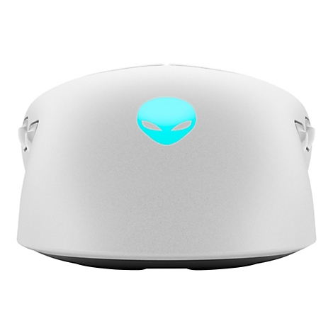 Weiße Gaming-Maus mit leuchtendem Alienware-Logo. Die Maus ist auf weißem Hintergrund abgebildet.