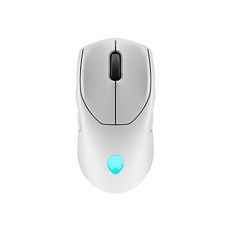 Draufsicht auf eine weiße Gaming-Maus. Auf der Oberfläche sind zwei Maustasten und ein Scrollrad erkennbar. Das Alienware-Logo leuchtet unten in Blau.