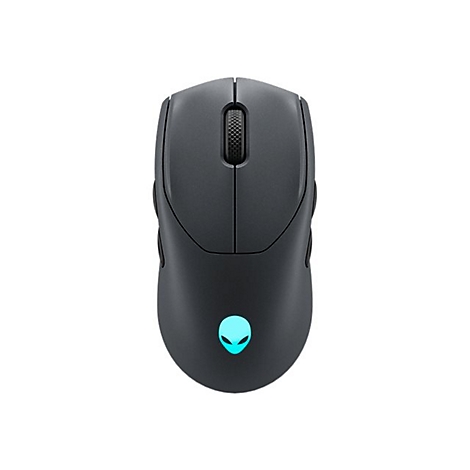 Dunkelgraue Gaming-Maus mit Alien-Logo, das blau leuchtet. Oben befinden sich ein Scrollrad und zwei Maustasten.