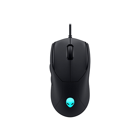 Schwarze Gaming-Maus mit Alien-Logo und blauem Licht, an einem Kabel vor weißem Hintergrund.