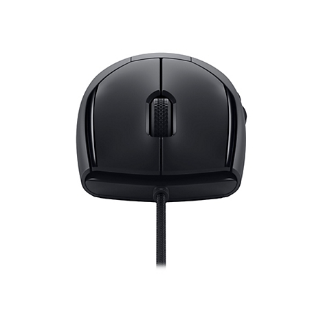 Draufsicht auf eine schwarze Gaming-Maus mit Kabel, Hintergrund weiß.