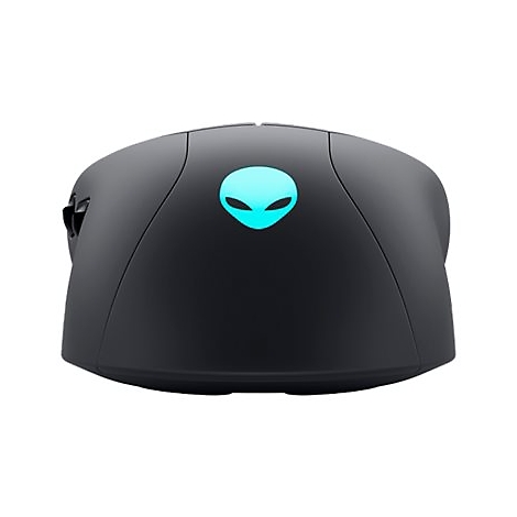 Schwarze Gaming-Maus mit Alien-Logo in Türkis. Seitliche Tasten und ergonomisches Design.