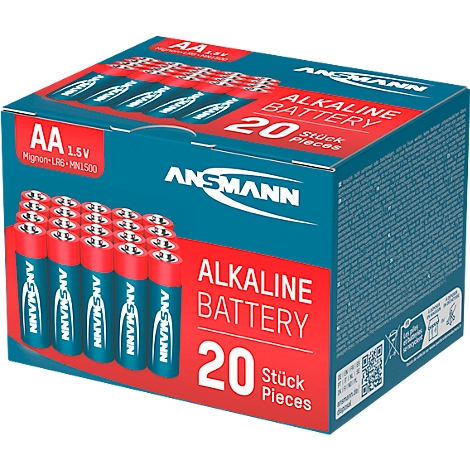 A box of 20 AA alkaline batteries. The box displays batteries and product information.