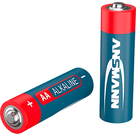 Two AA batteries, blue and red, with ANSMANN and AA ALKALINE labels on a white background.
