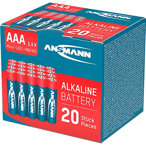 A box of 20 AAA batteries, red and blue design. Inscription: ANSMANN ALKALINE BATTERY.