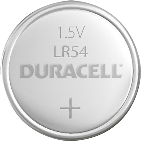 Duracell LR54 button cell, 1.5V. Inscription: Duracell. Positive sign.