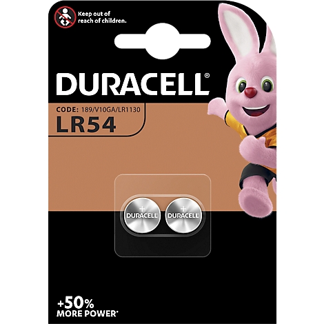 Duracell LR54 button cell pack with Duracell bunny and text: +50% more power.