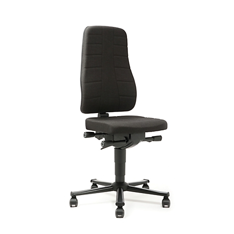 Black ergonomic office chair with high backrest and wheels.