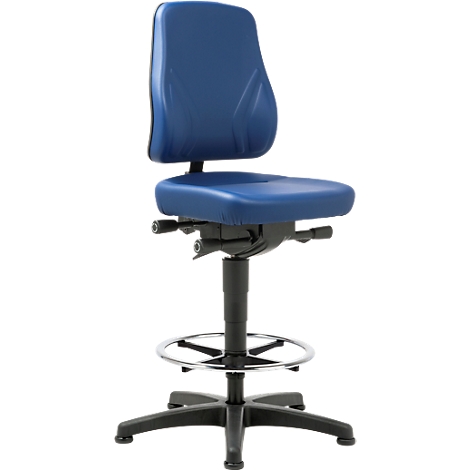 Blue ergonomic work chair. Padded backrest and seat, height adjustable, metal base with foot ring.