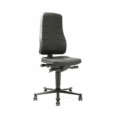 Black office chair with high back and wheels on a white background.