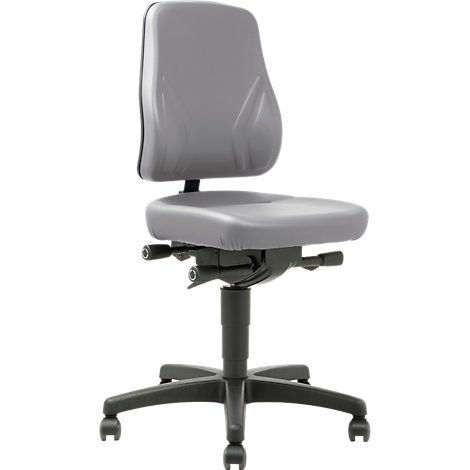 Grey office chair with backrest, seat, and rollers. The seat height is adjustable.
