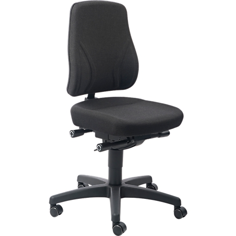 Black office chair with backrest, seat and wheeled base.