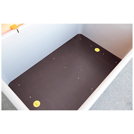 Dark brown wooden panel in white box with yellow elements, view from above.