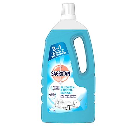 Light blue Sagrotan bottle, lettering and product name, "2in1 Cleans & Disinfects".