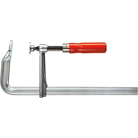 A silver screw clamp with red handle. The lever is used for clamping.
