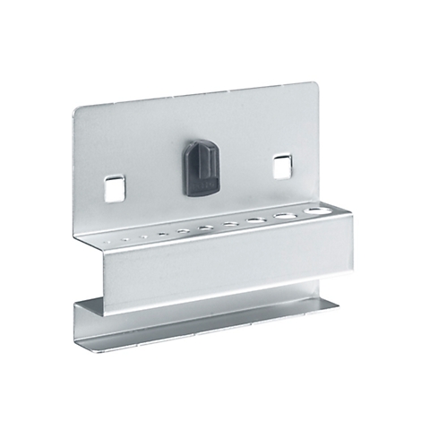 Metal pen holder with several holes, bracket, square holes and rotary knob.