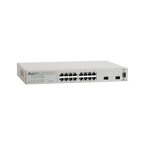 Ein grauer Netzwerk Switch mit vielen Anschlüssen. Auf der Vorderseite sind 16 Ports, auf der Rückseite weitere Anschlüsse.