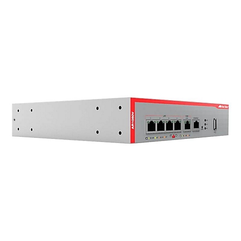 Grauer Netzwerk-Router Modell AR1050V mit verschiedenen LAN- und WAN-Anschlüssen vor weißem Hintergrund.