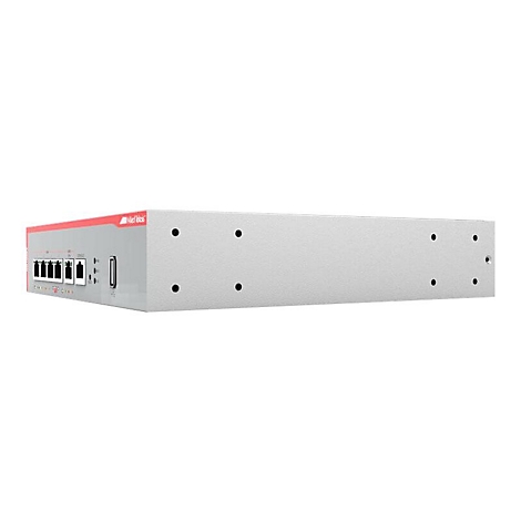 Flacher, silberner Netzwerk-Switch mit vier LAN-Ports und USB-Anschluss vor weißem Hintergrund.