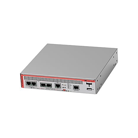 Ein graues Netzwerkgerät mit mehreren Anschlüssen, rotem Rand und Beschriftungen.