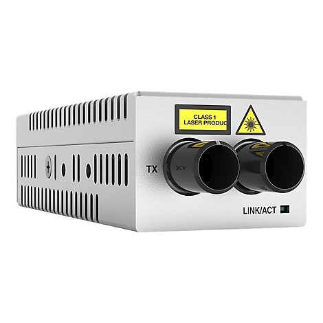 Ein grauer Wandler mit zwei schwarzen Anschlüssen und einem gelben Laserwarnhinweis.