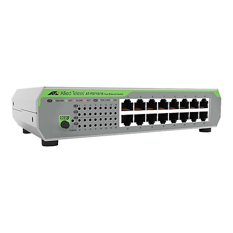 Un commutateur Fast Ethernet Allied Telesis AT-FS710/16 gris. En haut à gauche : logo et texte. En bas à droite : 16 ports, numérotés 1-16.