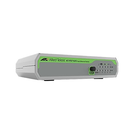 Ein grauer Netzwerk-Switch von Allied Telesis. Aufschrift AT-FS710/5 Fast Ethernet Switch. LED-Anzeigen und Drehregler.