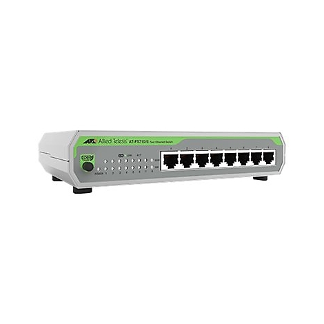 Allied Telesis AT-FS710/8 Fast Ethernet Switch in Hellgrau mit grünen Akzenten und acht Anschlüssen.
