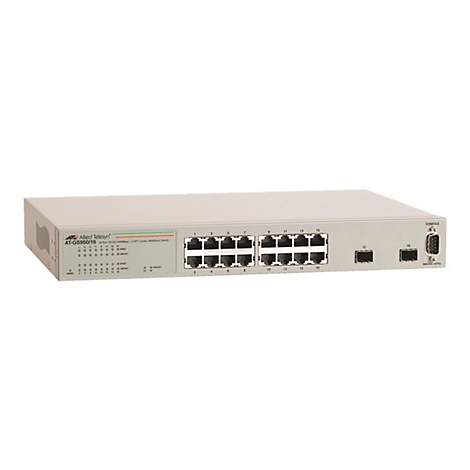 Hellgrauer Allied Telesyn Netzwerk-Switch AT-GS950/16 mit 16 Ports vor weißem Hintergrund.