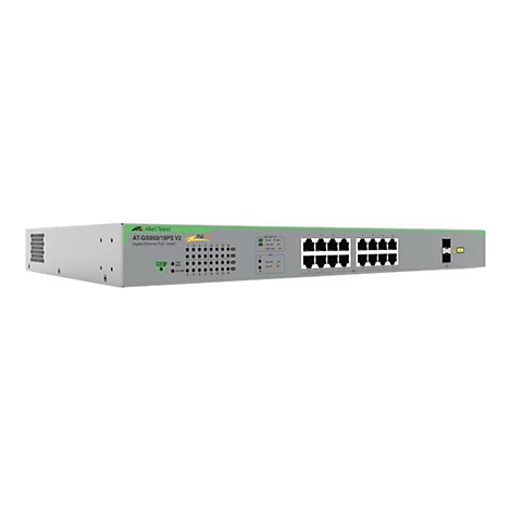 Allied Telesis AT-GS950/18PS V2 Gigabit Ethernet Switch in einem Metallgehäuse vor weißem Hintergrund.