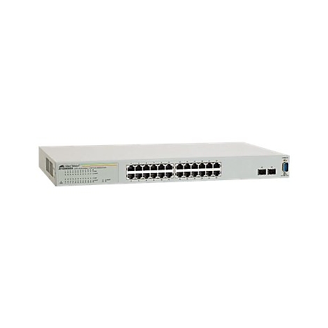 Allied Telesis Netzwerk-Switch in grau mit zahlreichen Anschlüssen auf der Vorderseite vor weißem Hintergrund.
