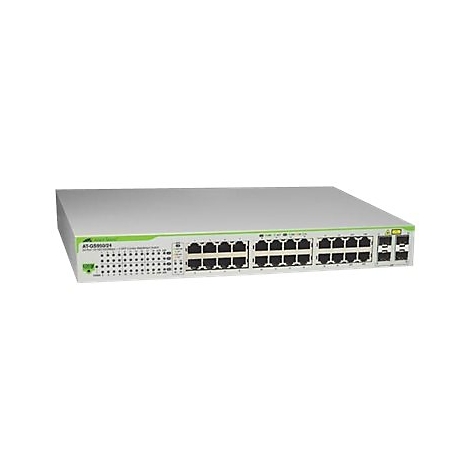 Ein grauer Netzwerk-Switch, voll mit RJ45-Anschlüssen und Leds, vor weißem Hintergrund.