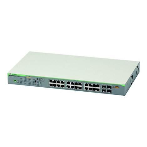 Ein grauer Netzwerk-Switch mit grünen Akzenten und Anschlüssen. Oben steht die Aufschrift Allied Telesis.