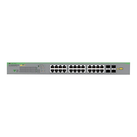 Frontansicht des Allied Telesis AT-GS950/28PS V2 Netzwerk-Switch mit Ports und Status-LEDs auf grauem Gehäuse.