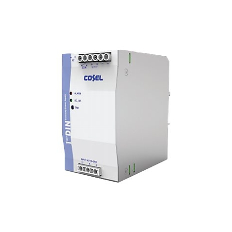 Ein weiÃŸ-grauer Industrie-Stromversorger, Hersteller Cosel. AnschlÃ¼sse oben, Anzeige-LEDs, Aufschrift: 1st DIN.