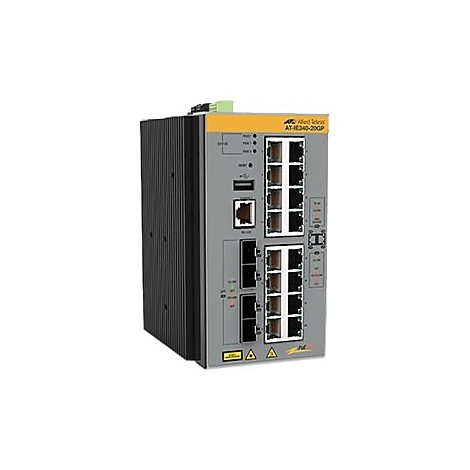 Grauer Netzwerkschalter mit gelben und grünen Akzenten; das Modell AT-IE340-20GP ist beschriftet.